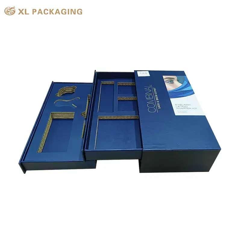 Customize Logo Drawer Skin Care Paper Box Slide Open Blue Drawer Packaging Box 2 Layers Drawer Gift Box For Cosmetics