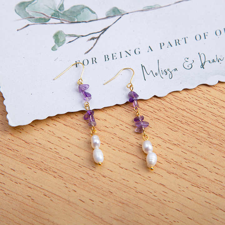 Zooying  Customized Irregular Natural Stone Amethyst Gemstone Freshwater Pearl Earring Women's Jewelry