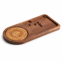 Plateau de service en bois d'acacia avec sous-verre en rotin, plateau à café et thé en bois naturel pour la maison, la cuisine, la table, cadeau, livraison directe