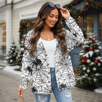 Cardigan fin en polyester gaufré pour femme, imprimé toile d'araignée par transfert thermique, col en V, manches longues, boutonné, collection automne Halloween