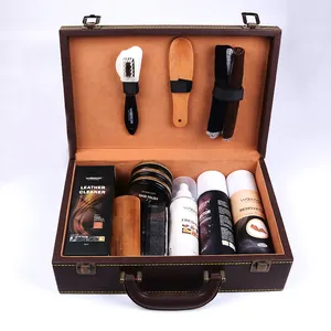 Leather Shoe Care Kit Shoe Shine Box For All Leather Goods with Shoe Polish, Leather Cleaner, Water Repellent Spray,etc.