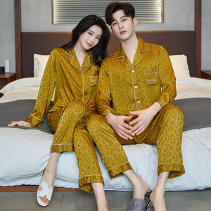 Pijamas de pareja para mujer, primavera/otoño, poliéster, satén, transpirable, conjunto de manga larga con estampado de leopardo, talla grande para <span class=keywords><strong>hombre</strong></span>, holgado - Product Image 4