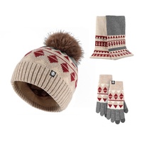 Ensemble d'accessoires d'hiver en acrylique en gros OEM ODM Nouveau design Gants tricotés Écharpe chaude en laine Bonnets à pois et nœuds Trois casquettes anti-froid