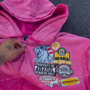 Sudadera con capucha para hombre, personalizada por el fabricante, extragrande, de 500 g/m², de alto gramaje, con efecto desgastado por el sol, con pedrería, bordada, estilo vintage, con cremallera y lavado ácido - Product Image 2