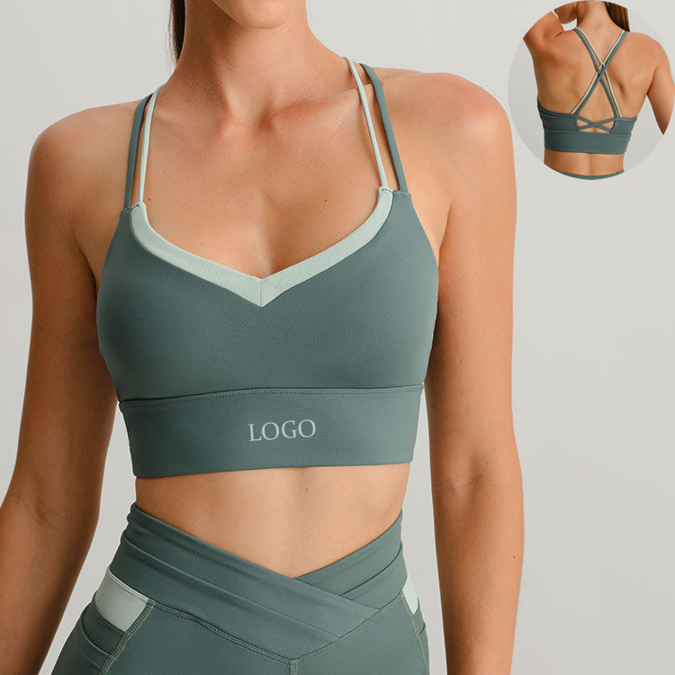 OEM Custom Manufacturers Color Block V Neckline Strappy Cross Back Double Layered Sports Bra for Women