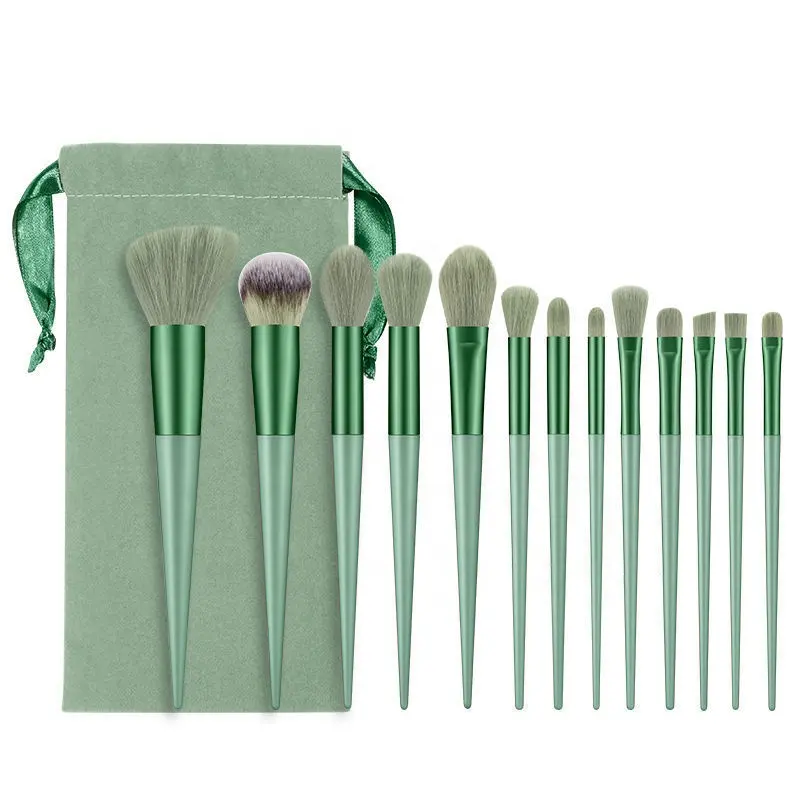 LOGO personalizzato MOQ basso 13 pezzi Set di pennelli per trucco professionale pennello per sopracciglia verde pennello per trucco fard in polvere per il viso con custodia