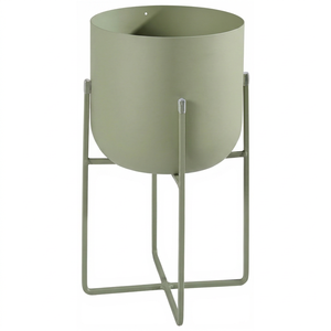Macetero Metálico Moderno Color Verde Salvia con Soporte Geométrico de Hierro, Maceta Redonda Minimalista para Jardín Interior, Exterior, Patio, Balcón - Product Image 1
