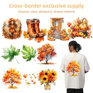 Usine En Gros Exclusif <span class=keywords><strong>Aquarelle</strong></span> <span class=keywords><strong>Automne</strong></span> <span class=keywords><strong>Feuilles</strong></span> Citrouille PET Papier Autocollants De Transfert De Chaleur Haut pour Modèles De Vêtements - Product Image 2