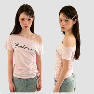 Haut court à manches courtes style streetwear Ins, imprimé lettres, taille froncée cintrée, coupe ajustée, sexy et polyvalent, épaules dénudées - Product Image 1