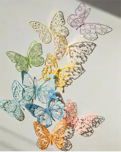 6个袋子蝴蝶装饰艺术纸3D蝴蝶剪裁蛋糕顶饰悬挂酒杯墙壁装饰魔术蝴蝶