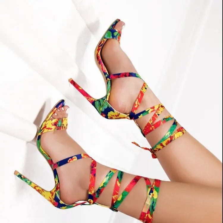 Summer Fashion Sexy Multi Colorful Line Up High Heel Ankle Cross Strap Sandals For Women