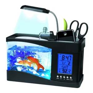 USB masaüstü Mini akvaryum balık tankı ile LED ışık LCD ekran ekran ve saat balık tankı dekorasyon çakıl taşları ile