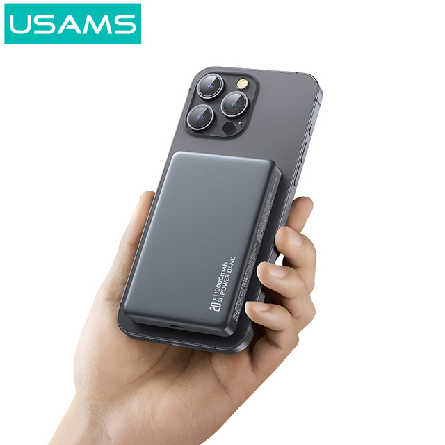 USAMS 2024 New Portable Aluminum Alloy Magnetic Wireless Charging Power Bank Fast Charging Mini PowerBank 10000mAh Power Bank