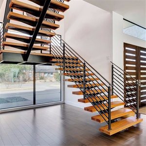 Escalera <span class=keywords><strong>de</strong></span> <span class=keywords><strong>Madera</strong></span> Maciza <span class=keywords><strong>de</strong></span> Estilo Moderno Personalizada para el Hogar con Luz LED y Barandilla <span class=keywords><strong>de</strong></span> Vidrio Templado - Product Image 2