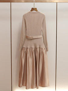 Abito Lungo <span class=keywords><strong>Marrone</strong></span> Classico a Collo Tondo <span class=keywords><strong>in</strong></span> Raso Lavorato a <span class=keywords><strong>Maglia</strong></span> con Patchwork, Sette Colori, Nuovo Modello 2026, Semplice ed Elegante per Feste - Product Image 2