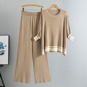 Tute Casual in maglia primavera autunno due pezzi da donna snellenti maniche a pipistrello con pantaloni larghi maglioni a tinta unita - Product Image 1