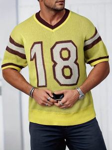 T-shirt en maille décontracté à manches courtes avec logo personnalisé, 100% coton, jacquard, col en V, design pour homme, haut en maille à manches courtes pour l'été - Product Image 6