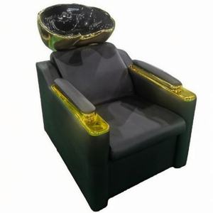 Sillones de Champú Modernos para Salón con Asientos Tapizados en Negro y Lavabos de Cerámica Negra Elegantes - Product Image 5