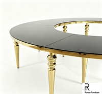 Table de mariage ronde de luxe, plateau élégant en verre noir, pieds en acier inoxydable en forme de S, table à manger pour banquet, événement, décoration d'hôtel