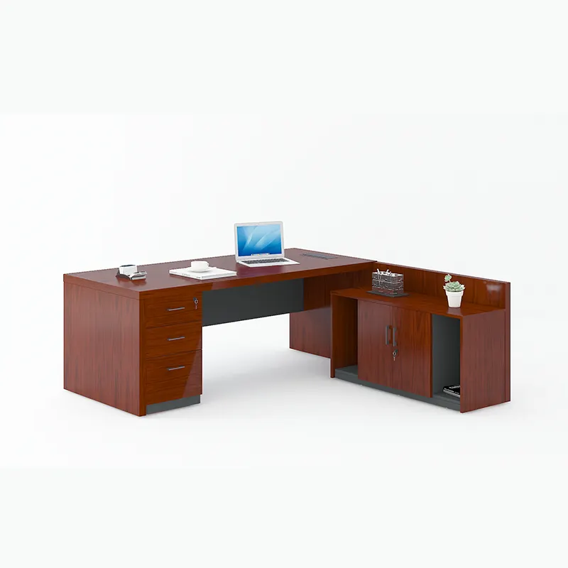 طاولة مكتب قيّمة من الجلد بتصميم حديث جديد E0 خشبية فاخرة للكمبيوتر ورئيس مكتب على شكل حرف L أثاث مكتب المدير