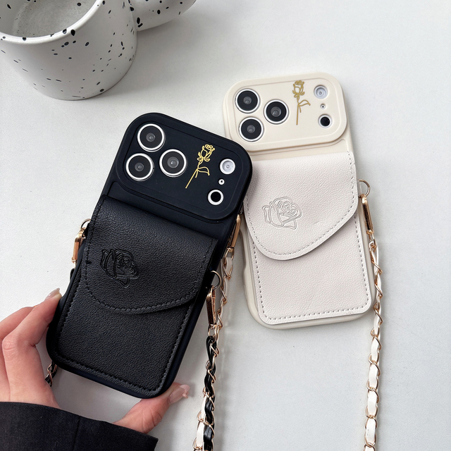 Crossbody Lanyard Rose Cardbag Phone Case for iphone 17 16 15 14 13 12 11 Pro Max 6 7 8 Plus Serie Tpu Shockproof Protect Cover