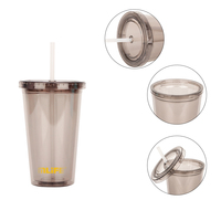 Mug à café ODM sans BPA de 450 ml, avec logo personnalisé, double paroi, en plastique transparent réutilisable, avec paille et couvercle, pour boissons chaudes ou froides (thé, jus, eau)