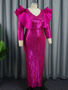 가을 하이 웨이스트 자홍색 맥시 프릴 레이디 글리터 스팽글 칵테일 원피스 - Product Image 5