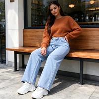 Pantalon colonne taille haute pour femme, aspect denim bleu clair délavé, pour Loggia Autumn Day Hours