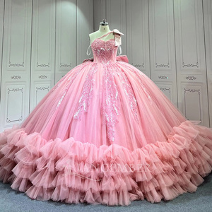 Robe de bal Quinceañera Lsmu187 rose poudré, longueur ras du sol, traîne chapelle, en satin moderne, imprimé pailleté, décolleté cœur, taille naturelle, pour soirée - Product Image 5