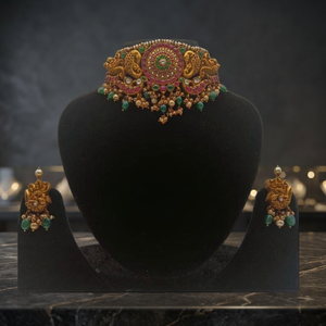 New Bridal Indian Temple Style Pure Solid 925 <b>Silver</b> Rose Gold Plated Natural Gemstone <b>Choker</b> Necklace Engagement Anniversary - Product Image 3