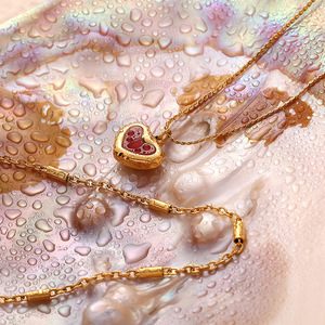 Collar de doble capa con corazón rojo, cadena de clavícula de acero inoxidable, colgante dorado, joyería de regalo - Product Image 2