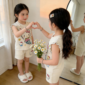 Completo Set Estivo 2026 per Bambine: Nuovo Trendy Completo Due Pezzi con Cartoni Animati, Maniche a Volant alla Moda e Pantaloncini Carini per Casa - Product Image 1