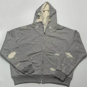 Men Oversized Waffle <b>Lined</b> Hooded Sweatshirt Streetwear Jacket Custom Logo Vintage Distressed Grey Zip up <b>Hoodie</b> - Product Image 1