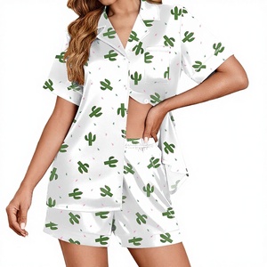 Ensemble de pyjama en satin de soie pour femmes, motif <span class=keywords><strong>cactus</strong></span>, col rabattu, manches courtes, haut boutonné, shorts, vêtements de détente, 2 pièces, lavable en machine - Product Image 1
