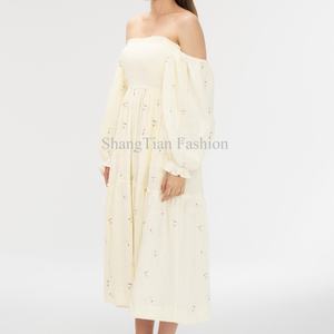 ชุดเดรสฤดูร้อนสำหรับผู้หญิง สีพื้น แขนยาวพอง ไหล่เดี่ยว รัดเอว เปิดหลัง ทรงเอไลน์ ระบายอากาศได้ดี ชุดเดรสยาว - Product Image 2