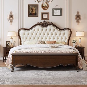 American-style Solid Mahogany Wood Vintage Country-style 1800mm Double Platform Storage Bed Upholstered Headboard Walnut-colored - Product Image 2