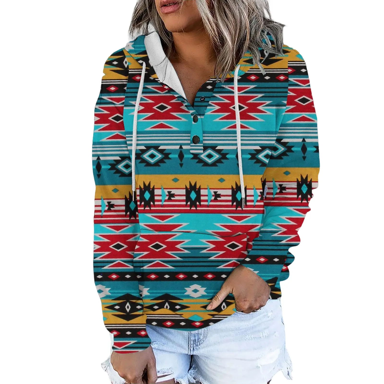 Wholesale women pullover sweatshirt thick adult hoodie printing aztec hooded button streetwear soft hoodies clothing sweatshirts