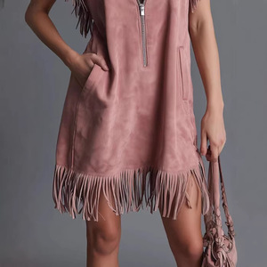 <span class=keywords><strong>2026</strong></span>新款欧美休闲休闲防静电粉色仿麂皮无袖流苏连衣裙西部复古拉链短裙 - Product Image 4