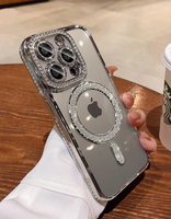 Étui de luxe transparent avec paillettes de diamants roses pour iPhone 15 11 12 13 14 Pro Max Plus, compatible avec la charge magnétique sans fil