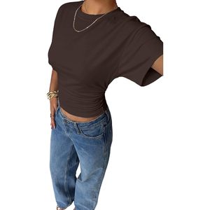FOXA Crop Top Short Sleeve Ruched Waist Slim Fit O Neck Summer Casual Women's Basic Tee Fashion T Shirt - Product Image 4