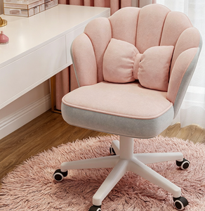 Chaise de bureau pivotante à dossier en coquille rose, chaise de bureau rembourrée en tissu, chaise de bureau réglable en hauteur, base roulante - Product Image 4
