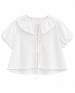 Elegante Blusa Blanca con Cuello Peter Pan, Mangas Abullonadas y Lazo Frontal para Moda Coreana - Product Image 3