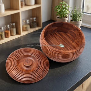 Plat à gratin en bois de manguier avec couvercle, 33 cm, rond, durable, fait main, bol de rangement de cuisine, design minimaliste - Product Image 1