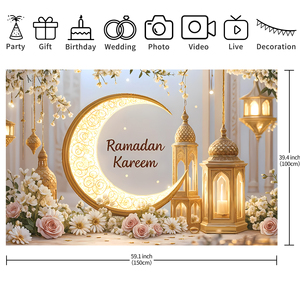 Fondale Ramadan Kareem Dorato 150*100cm con <span class=keywords><strong>Luna</strong></span> Dorata, Fiori e Lanterne per Decorazione Domestica - Product Image 6