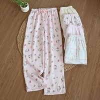 Pantalon de pyjama basique en coton respirant pour l'été/le printemps, l'automne et l'hiver, imprimé chat rose de dessin animé, coupe ample, longueur intégrale, pour la maison