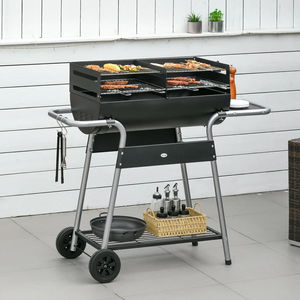 Chariot de barbecue d'extérieur, barbecue au charbon de bois avec double grille, acier chromé, design pliable, table latérale, étagère de rangement, <span class=keywords><strong>roues</strong></span> - Product Image 1