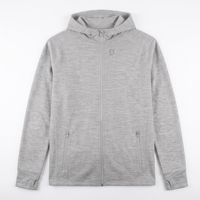 Veste à capuche zippée intégrale pour homme 100 % laine mérinos avec trous pour les pouces, poche poitrine, gris chiné, performance, durable, vêtements de sport