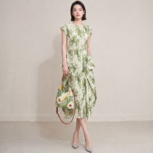 Vestido Midi 2026 con Diseño Artístico, Pliegues en Contraste, Tejido Ecológico, Diseño Irregular, Elegante, Casual, Estampado Floral, para Dama - Product Image 3