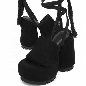 Sandalias de tacón alto con flecos y cordones en el tobillo para mujer, diseño nuevo, con plataforma gruesa y punta abierta, de gamuza - Product Image 5