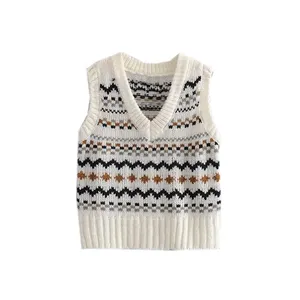 Wholesale Custom Sleeveless V Neck Jacquard knit casual vest woman korea crop Top Sweater Vest Women